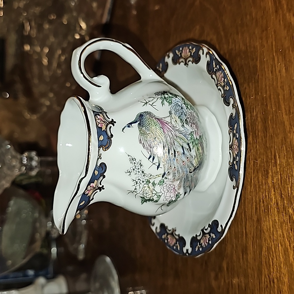 Rich Blue and Gold Peacock w Flowers Tea Size Pitcher Basin Set Creamer & Saucer